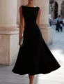 Detail view of the elegant black sleeveless cowl neck midi dress featuring a cinched waist. - S / Dresses / Black