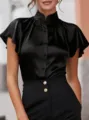 Detail shot of women black satin blouse featuring stand collar and chic flutter sleeves. - S / Black