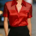 Red v-neck satin striped short sleeve blouse, elegant commuting style, premium shirt detail. - S / Red