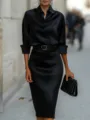 Women black satin long sleeve midi dress slim fit elegant party dress with belt - Black