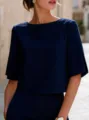 Close-up detail shot of minimalist navy blue round neck short sleeve women top with split. - S / Navy Blue