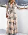 Women's long sleeve plaid shirt dress casual elegant maxi dress with belt for autumn. - S / Khaki Plaid