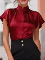 Summer satin blouse with stand collar and flutter sleeves. Elegant commuting top for women. - S / Red