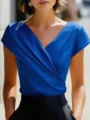 Detail shot of royal blue cross V-neck short sleeve women blouse summer elegant slim fit top - S / Blue