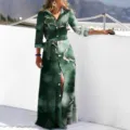 Women long sleeve marble print shirt dress casual maxi button down dress with belt for autumn - S / Green
