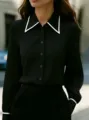 Women's Long Sleeve Black Shirt with Contrast White Lapel Casual Elegant Fashion Button Down Top - S / Black