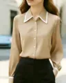 Detail view of the elegant contrast lapel long sleeve shirt in beige, soft and smooth fabric. - S / Khaki