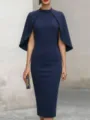 Elegant deep blue women midi dress featuring stylish cape sleeves and chic mock neck design. - S / Navy Blue
