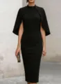 Elegant French retro cape spliced slim midi dress for women formal evening parties - S / Black