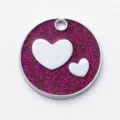 Placa de identificación para mascotas con purpurina y corazones, aleación de zinc. - Diámetro: 2,5 cm / Rosa Rojo con Purpurina