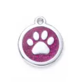 Placa de identificación redonda de metal para mascotas con purpurina rosa y huella de pata. - 2.5cm / Rosa Rojo con Purpurina