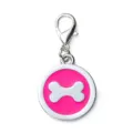 Silver metal round dog tag keychain with pink enamel and cute bone charm pendant main view - 2.5cm / Rose Red