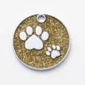 Placa de identificación dorada con purpurina para mascotas y huella plateada, accesorio anti-pérdida. - Diámetro: 2,5 cm / Dorado brillante (sin grabado)