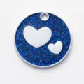 Placa de identificación para mascota de aleación de zinc con purpurina azul y corazones. - Diámetro: 2,5 cm / Azul con Purpurina