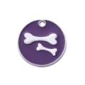 Ronde zinklegering huisdier ID penning met paarse email en botmotief voor honden. - Diameter: 2,5 cm / Paars