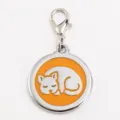 Metal pet ID tag with lobster clasp, orange enamel round charm featuring a sleeping animal. - 2.5cm / Yellow