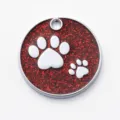 Round glitter pet ID tag for dogs and cats with embossed white paw prints and metal rim. - Diameter: 2.5cm / Glitter Red (No Engraving)