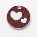 Round zinc alloy pet ID tag with red glitter and white double hearts design, anti-lost pendant. - Diameter: 2.5cm / Glitter Red