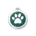 Round Zinc Alloy Dog ID Tag with Green Glitter Paw Print Metal Pet Charm Accessory - 2.5cm / Glitter Green