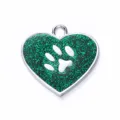 Green glitter heart pet ID tag with silver paw print, metal dog cat collar pendant charm. - 2.8*2.6cm / Glitter Green (No Engraving)
