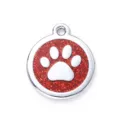 Round zinc alloy pet ID tag with red glitter and white paw print design for dogs and cats. - 2.5cm / Glitter Red