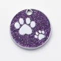 Purple glitter pet ID tag featuring white paw prints, round zinc alloy anti-lost dog cat tag. - Diameter: 2.5cm / Glitter Purple (No Engraving)