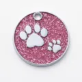 Pink glitter pet ID tag for dogs and cats, zinc alloy metal round footprint puppy collar charm. - Diameter: 2.5cm / Glitter Pink (Engraving Not Available)