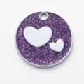 Purple glitter round pet ID tag with white hearts, durable zinc alloy charm for dogs and cats. - Diameter: 2.5cm / Glitter Purple