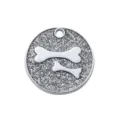 Zilveren glinsterende ronde huisdier ID-tag van zinklegering met botmotief voor halsband. - Diameter: 2,5 cm / Glitter Zilver