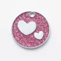 Round zinc alloy pink glitter pet ID tag with double heart design, custom engraved cat tag. - Diameter: 2.5cm / Glitter Pink
