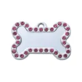 Placa de identificación para mascotas en hueso, metal plateado, brillantes pedrería rosa, grabado. - 4x2.7cm / Rosa rojo