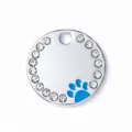 Medaglietta per animali rotonda con strass e impronta di zampa blu, ciondolo per collare. - 2.5cm / Blu