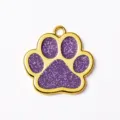 Gold Paw Print Pet ID Tag, Glitter Purple Finish Cute Dog Collar Charm Metal Pendant - Glitter Purple