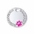 Plaque d'Identite pour Animal en Strass Rond avec Motif de Patte Rose pour Collier - 2.5cm / Rose rouge