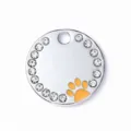 Pendentif rond en métal argenté avec strass et empreinte de patte jaune pour animaux. - 2.5cm / Orange