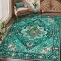 Bohemian washable faux cashmere area rug for living room with anti-slip bottom and retro print. - 40*60cm (Faux Cashmere + Washable Base) / Emerald