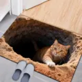 Detailed scene showing the 3D visual cat floor mat placed at the entrance doorway. - 40*60cm (Skin-Friendly Crystal Velvet) / Optical Illusion Pit - Cat