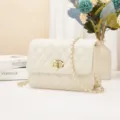 White Quilted Crossbody Bag, Elegant Leather Shoulder Bag with Gold Chain and Turn-Lock - White