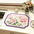 Vista di dettaglio del tappetino assorbente da cucina con motivo di peonia rosa e bordo viola. - 30*40cm / GD-Tappetino scolapiatti in stile cinese-16