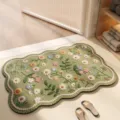 Green floral embroidered floor mat, 3D non-slip bathroom rug for door entrance and home decor - 40*60cm / Flower Collection - Daisy Dream