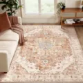 Vintage bohemian style area rug for living room with floral distressed design, soft and non-slip. - 40*60cm (Faux Cashmere + Washable Base) / Brick Red
