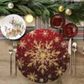 Tovaglietta rotonda di Natale con sfumatura rossa e fiocchi dorati per decorazione festiva. - 50x50cm / Stile Natalizio 2