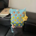 Korean style knitted crossbody phone bag, cute star pattern coin purse for women daily use. - Blue