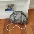 Silver metallic pleated pearl shell bag detail, elegant evening crossbody accessory for women. - Gray
