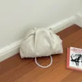 Elegant pearl embellished shell evening clutch bag, fashionable vintage shoulder handbag for women - Off White