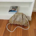 Gold wrinkled pearl clutch bag, elegant vintage shoulder crossbody bag for women evening parties. - Gold