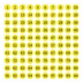 Round number stickers 1 to 100 yellow adhesive labels for storage and classification use. - 15mm Diameter / Yellow with Black Letters