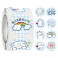 Cute cartoon round seal stickers roll, blue plaid design with cute sheep and rainbow patterns. - No. 004
