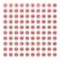 Pink round number dot stickers 1-100, self-adhesive labels for storage and sorting. - 10mm Diameter / Pink Base Black Text