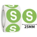 Round green clothing size stickers with white letter S, 25mm diameter adhesive label roll. - S / 500 Sheets/Roll / Green